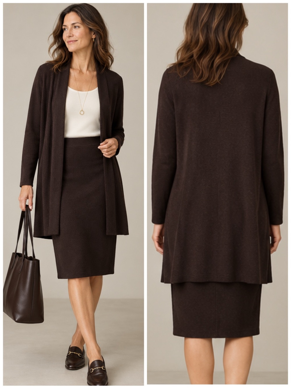 Eileen Fisher 100% Wool Cardigan & Skirt 2 Piece Set Large In Dark Chocolate